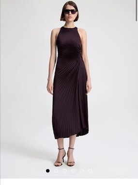ALC • Reagan Satin Pleated Midi Dress in Deep Plum
